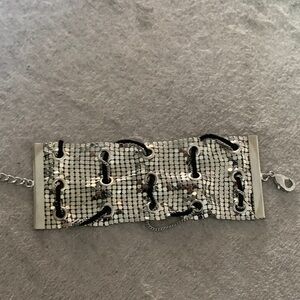GUESS Silver Mesh Bracelet with Black Cord Accents